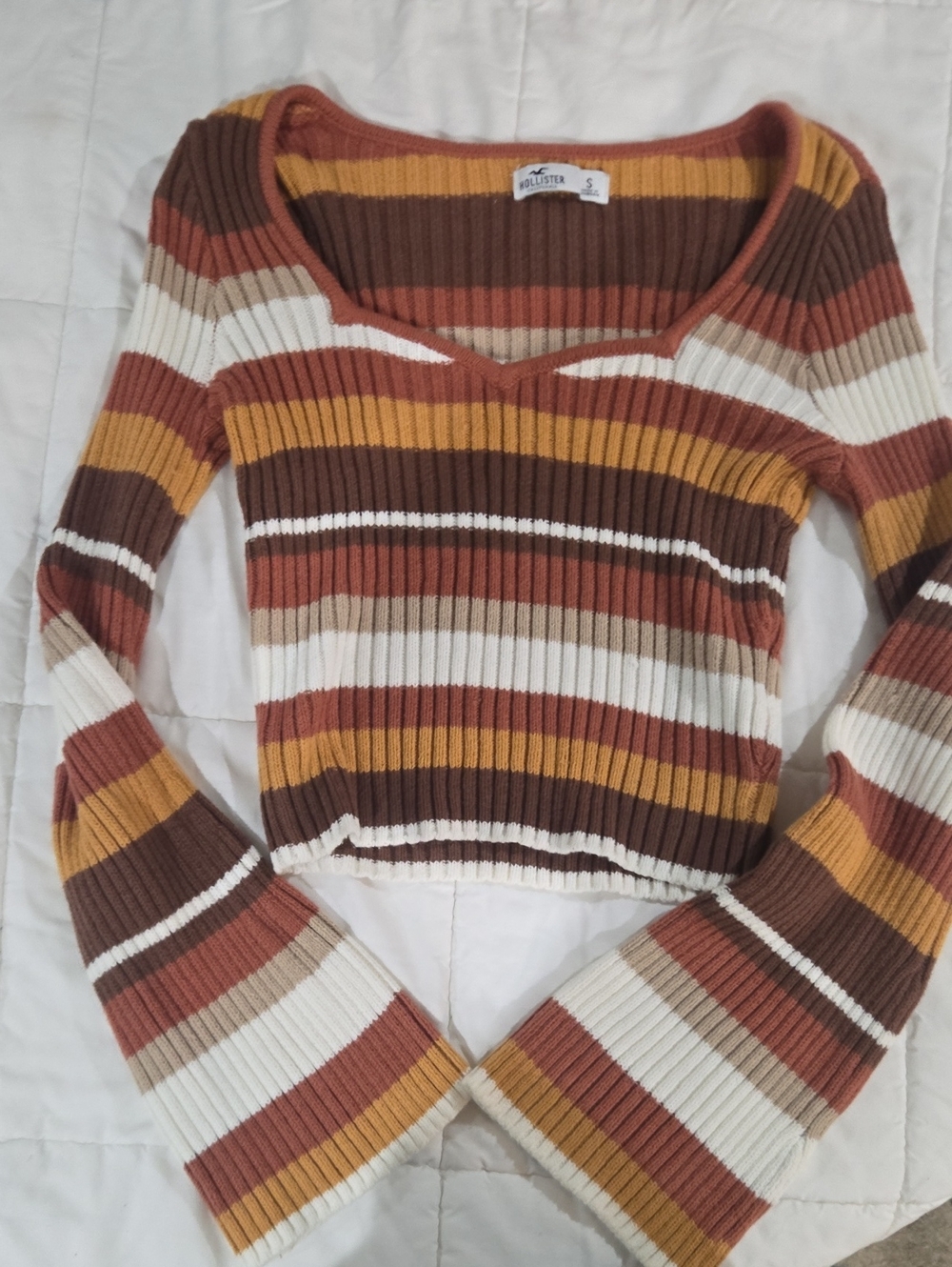 Hollister Ribbed Striped Crop Sweater - Rust, Mustard, Cream, Brown